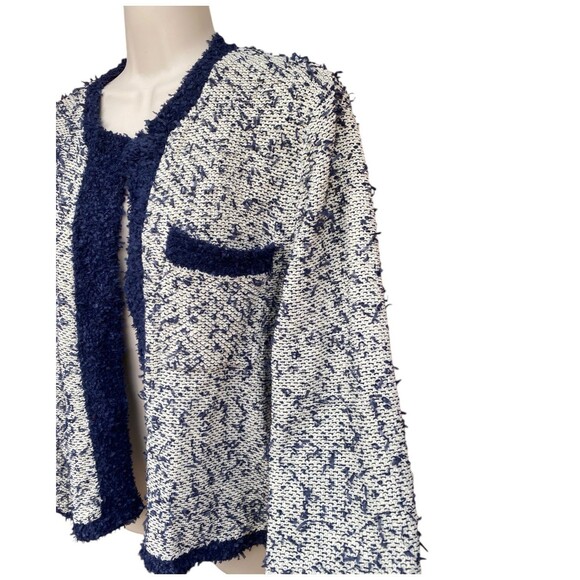 J.Crew Sz M contrast tweed white Navy Open front cropped jacket blazer cardigan - Picture 6 of 12